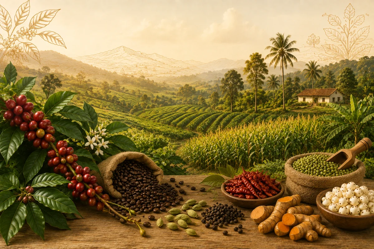 Agricultural regions, coffee plantations, produce, and origin landscape