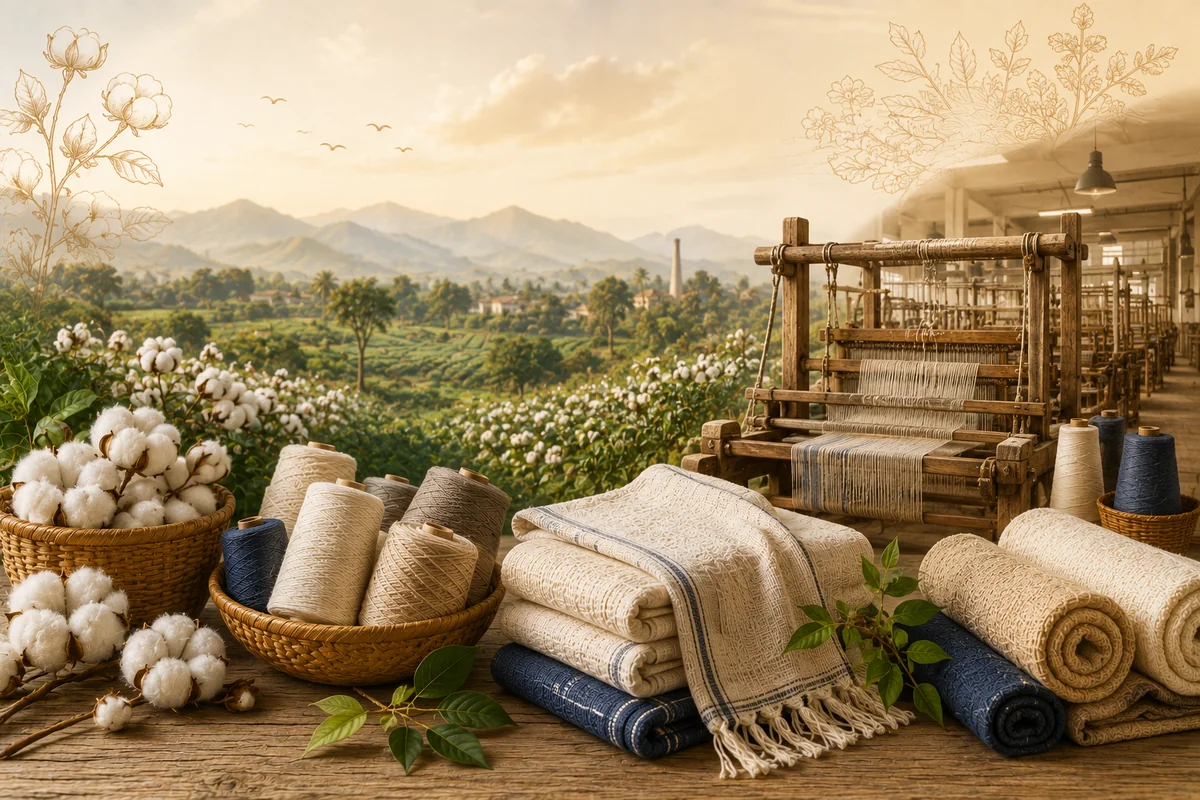 Traditional handloom weaving looms, cotton clusters, and lifestyle textiles